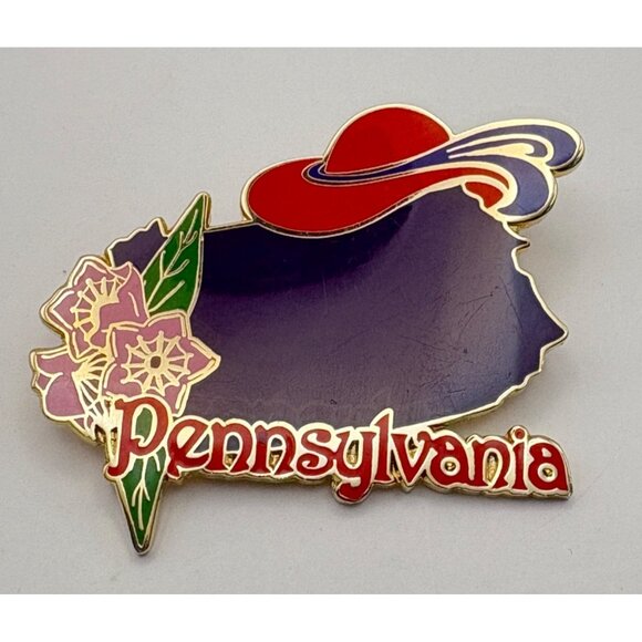 Red Hat Society Pennsylvania State Brooch Pin Purple Map Pink Flowers Gold Tone - Picture 7 of 7